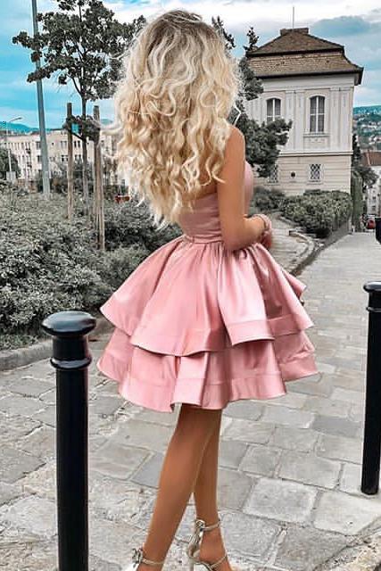 strapless blush semi homecoming party dresses with tiered skirt