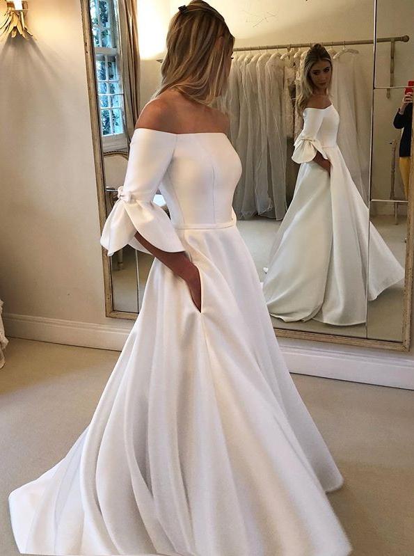 Princess Off Shoulder Wedding Dresses Flare Sleeves Vintage Bridal Dresses PW04