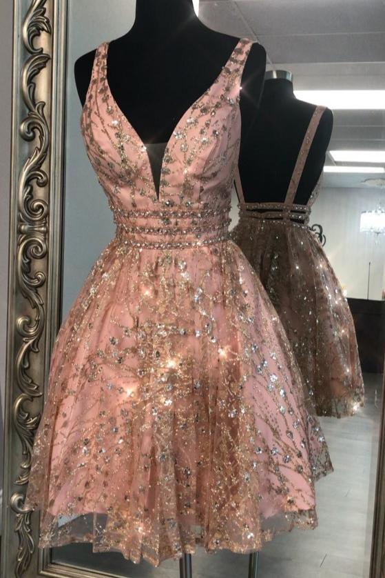 sparkly v neck backless sequin beaded short prom homecoming dresses