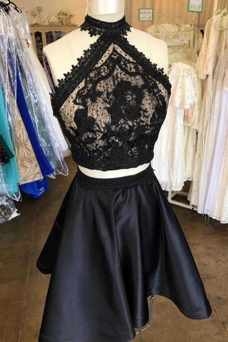 two piece little black dress lace top cut out satin party dress