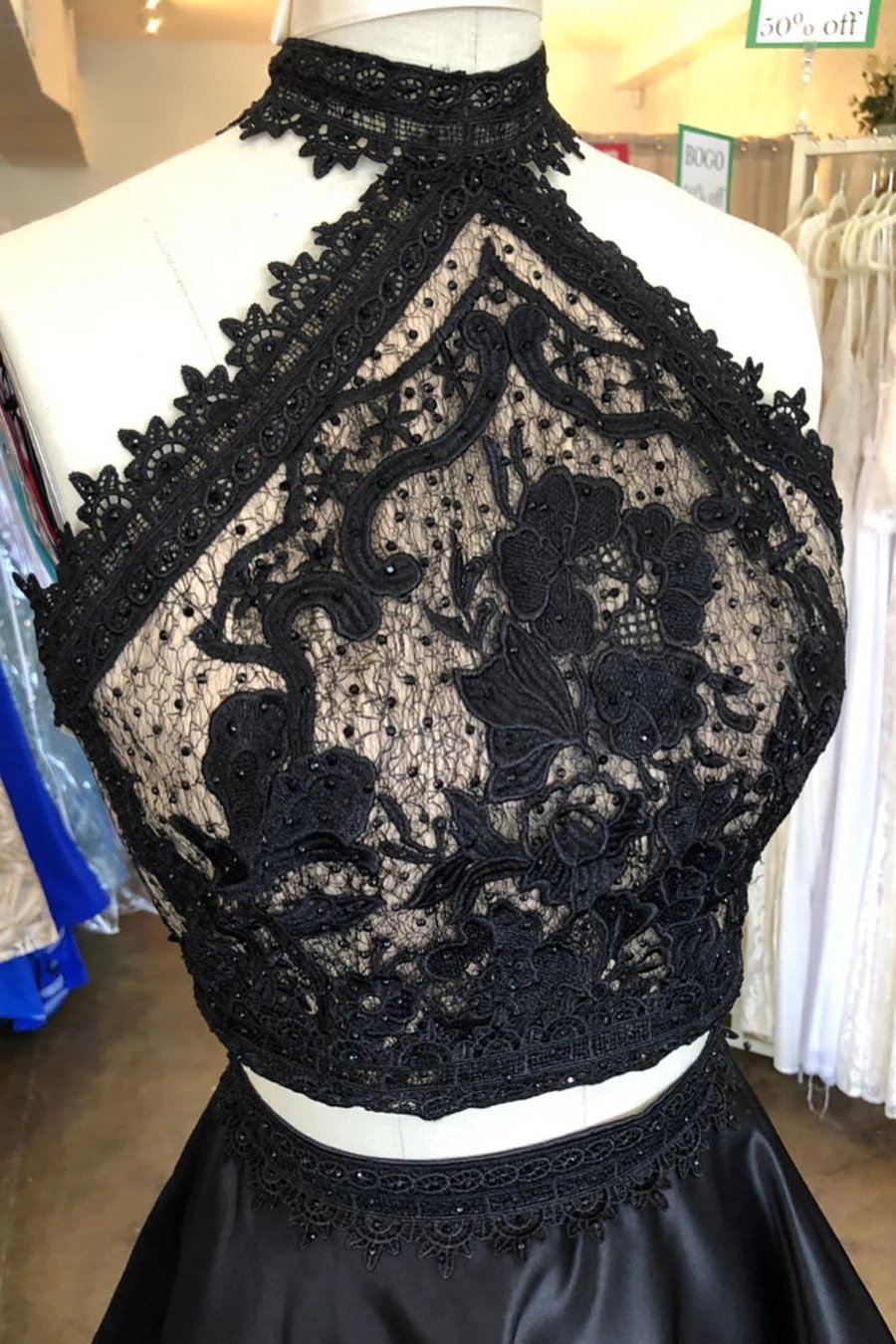 two piece little black dress lace top cut out satin party dress