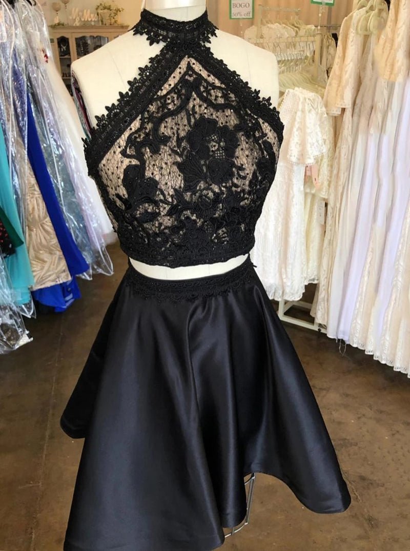 two piece little black dress lace top cut out satin party dress