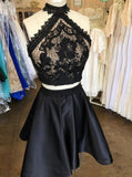 two piece little black dress lace top cut out satin party dress