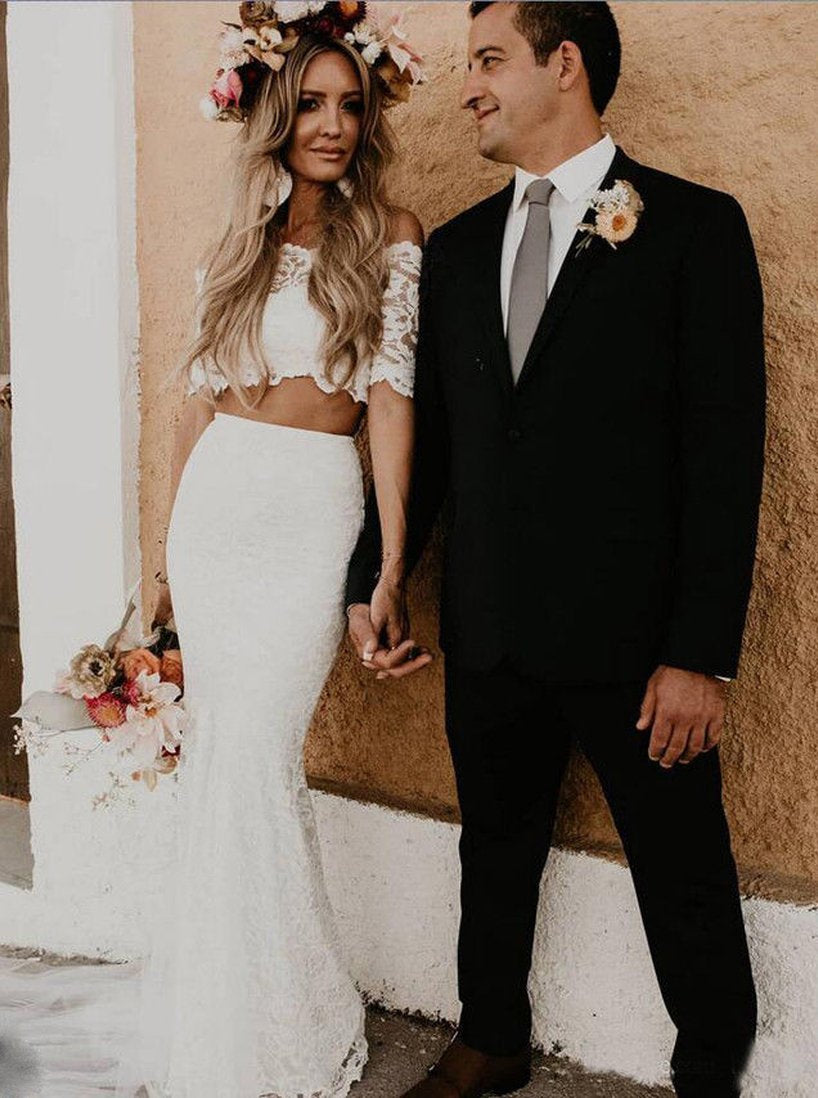 Mermaid Lace Two Piece Wedding Dresses With Short Sleeves PW07