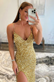 gold sequin mermaid long prom dress sparkly evening gown with slit
