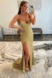 gold sequin mermaid long prom dress sparkly evening gown with slit
