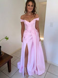 Pink Long Simple Prom Dresses, Off Shoulder Sleeveless Evening Dress With Split MP80