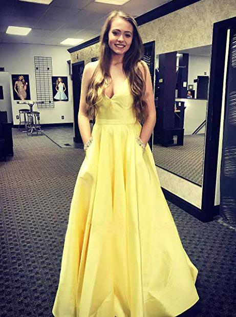 spaghetti straps v neck yellow prom dresses with beaded pockets