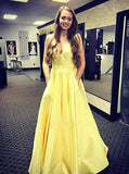 spaghetti straps v neck yellow prom dresses with beaded pockets