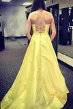 spaghetti straps v neck yellow prom dresses with beaded pockets