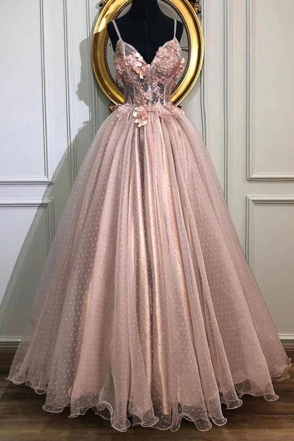 A-line V-neck Tulle Long Prom Dresses, Pearl Pink Appliques Formal Evening Dress MG250
