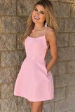 Spaghetti Straps Short Pink Backless Homecoming Dress with Pockets GM369