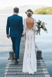 ivory long sleeves sheath backless beach lace wedding dress