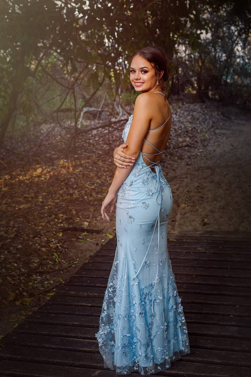 Mermaid Sky Blue Long Prom Dresses, V-neck Backless Long Evening Gowns MP83