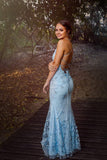 Mermaid Sky Blue Long Prom Dresses, V-neck Backless Long Evening Gowns MP83