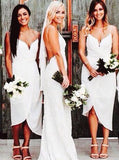 Sheath Spaghetti Straps Asymmetrical White Pleats Bridesmaid Dresses GB377