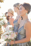 Spaghetti straps v-neck satin long grey bridesmaid dresses gb381