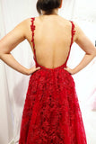Backless Red Long Prom Dresses, V-neck Appliqued Sleeveless Evening Gowns MP82