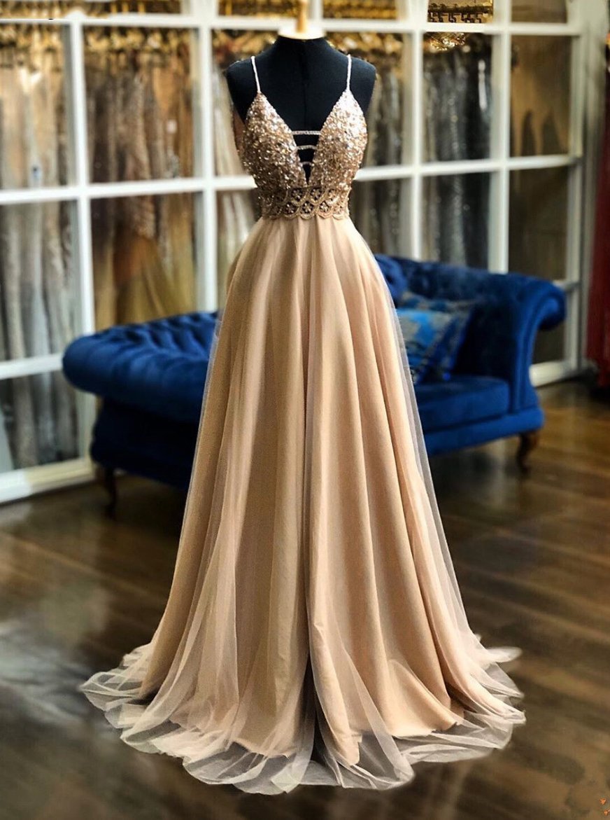 A-line v-neck tulle long prom dresses, pearl pink appliques formal evening dress mg250