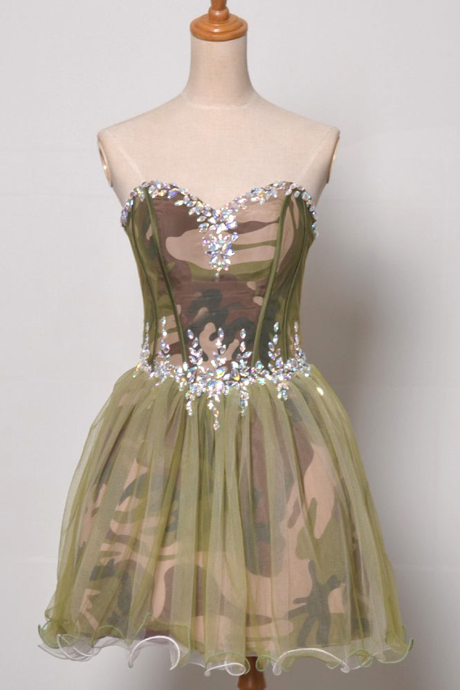 sweetheart camouflage short homecoming dress with rhinestones
