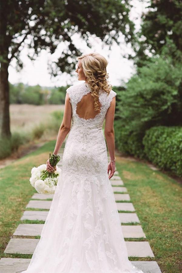 elegant lace appliques sheath wedding dress with keyhole back