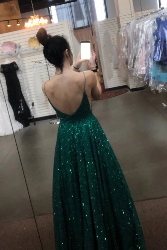 Sparkly A Line V Neck Dark Green Backless Prom Dresses Sequins Evening Dress MP24
