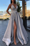 Simple A Line V Neck Red Long Prom Dresses, Formal Evening Dress With Pockets MP23