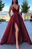 Simple A Line V Neck Red Long Prom Dresses, Formal Evening Dress With Pockets MP23