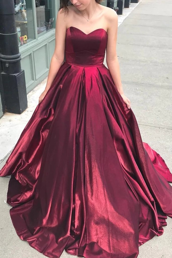 Sweetheart Burgundy Long Prom Dresses, A-line Pockets Formal Party Dresses MP63
