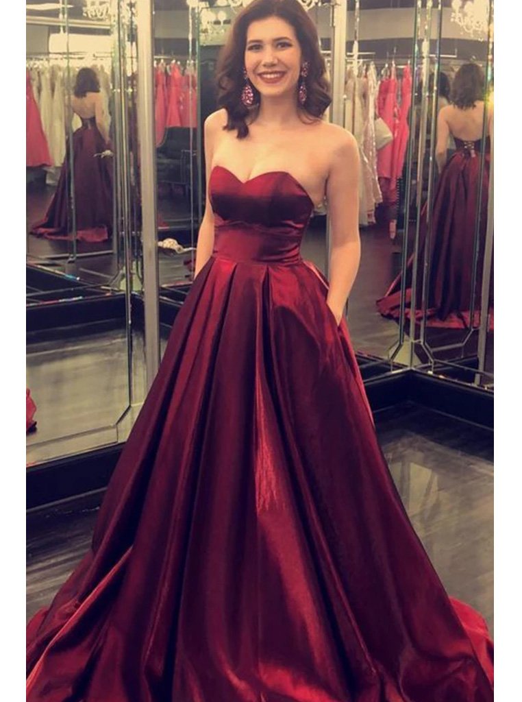 Sweetheart Burgundy Long Prom Dresses, A-line Pockets Formal Party Dresses MP63