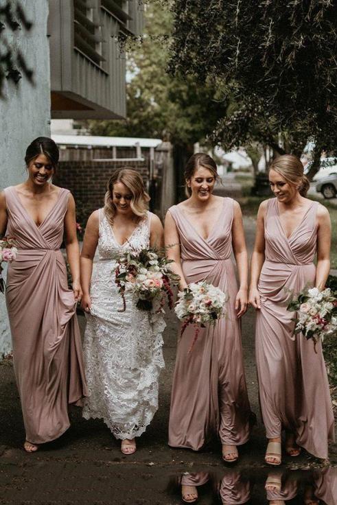 Sheath/column v neck simple floor length pink bridesmaid dresses gb355