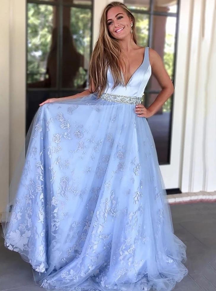 Light Blue Long Prom Dresses, A-line Appliques V-neck Beading Evening Dress MP56