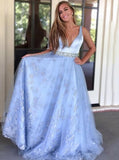 Light Blue Long Prom Dresses, A-line Appliques V-neck Beading Evening Dress MP56