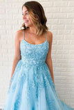 Spaghetti-straps Tulle Sky Blue Long Prom Dresses With Appliques MP75