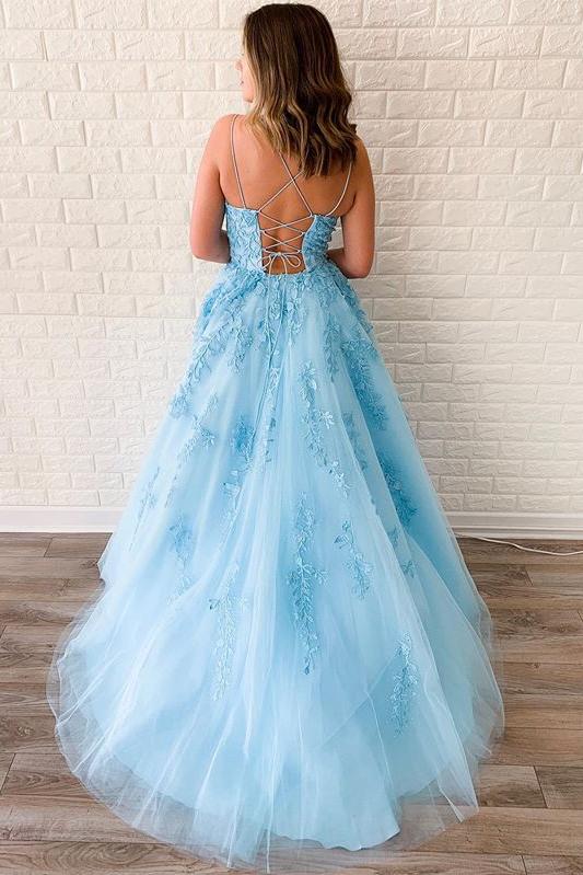 Spaghetti-straps Tulle Sky Blue Long Prom Dresses With Appliques MP75