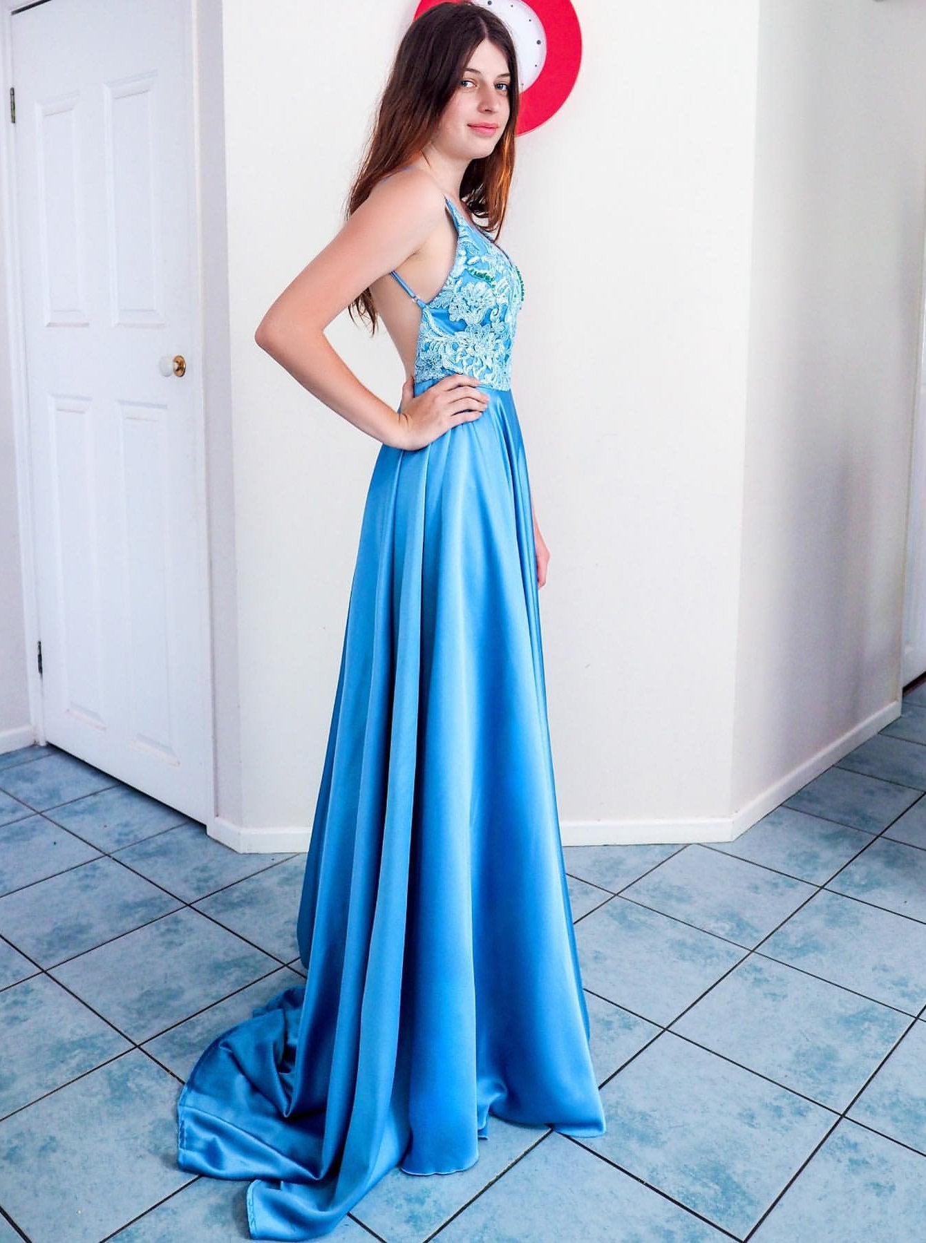 Ice Blue Backless Long Prom Dresses A-line Appliqued Formal Evening Dress MP79