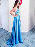 Ice Blue Backless Long Prom Dresses A-line Appliqued Formal Evening Dress MP79