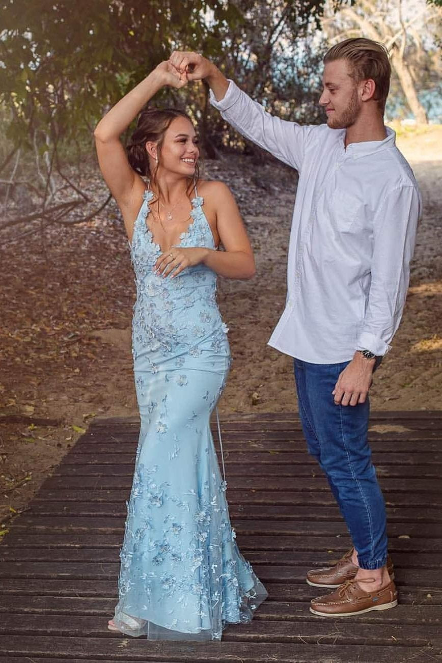 Mermaid Sky Blue Long Prom Dresses, V-neck Backless Long Evening Gowns MP83