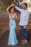 Mermaid Sky Blue Long Prom Dresses, V-neck Backless Long Evening Gowns MP83