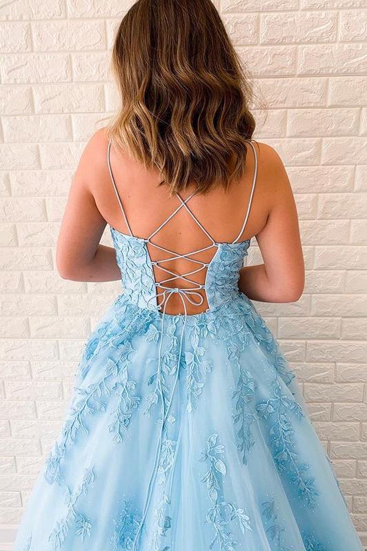 Spaghetti-straps Tulle Sky Blue Long Prom Dresses With Appliques MP75