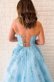 Spaghetti-straps Tulle Sky Blue Long Prom Dresses With Appliques MP75