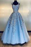 Light Blue Tulle Applique Long Prom Dress Straps Evening Dress MG179
