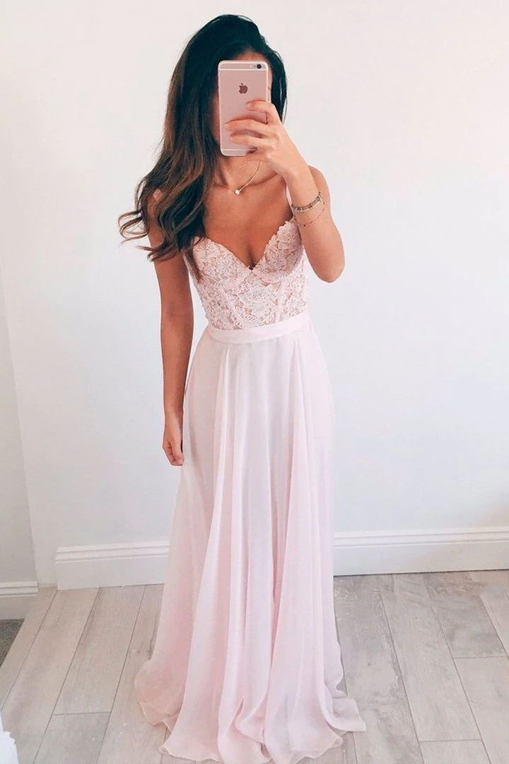 baby pink v neck long chiffon long prom dress evening dress