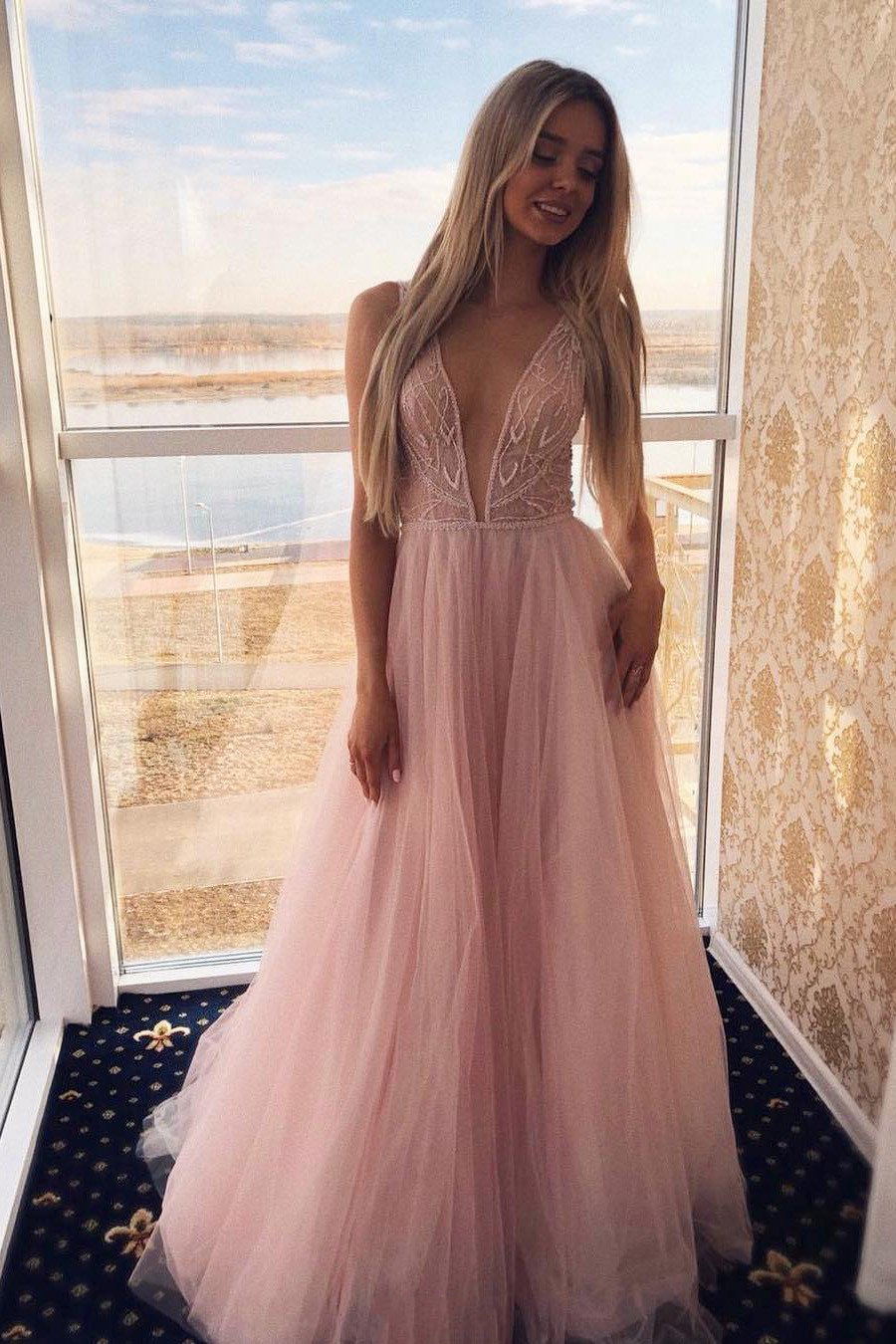 pink a line plunging neckline tulle prom dress long formal gown