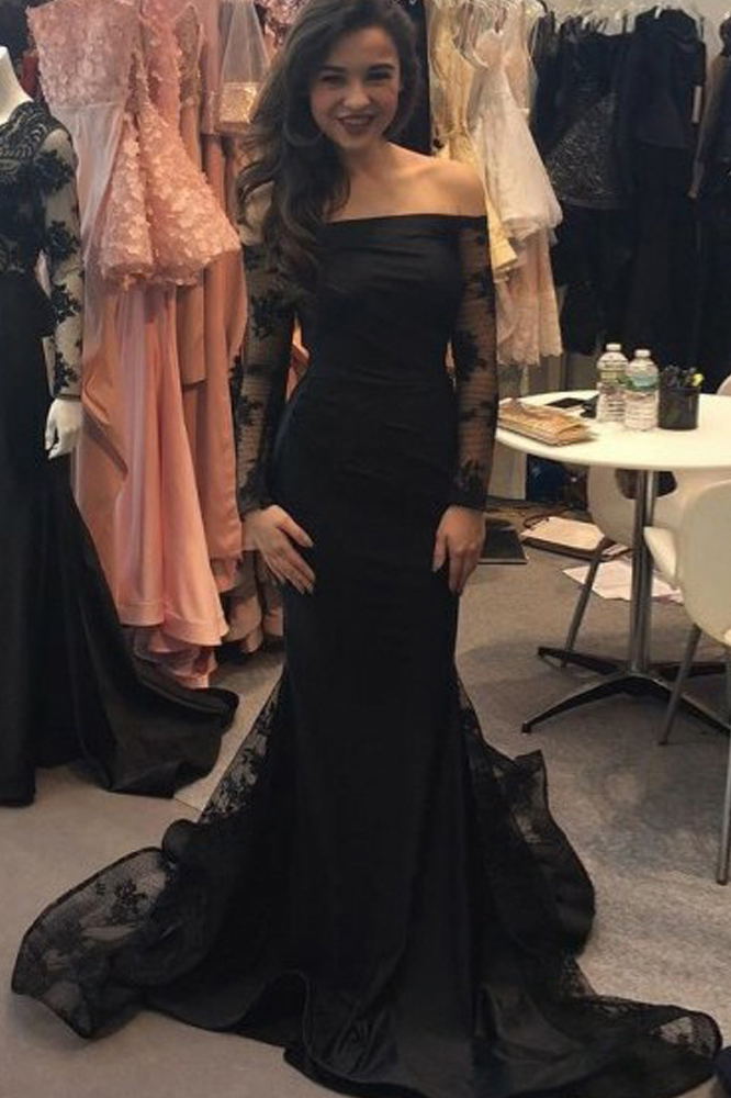 lace long sleeves black prom dress mermaid with applique