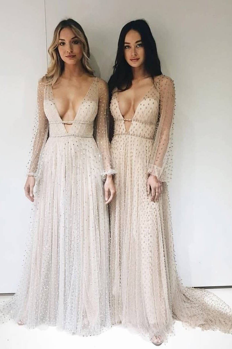 Long Sleeves Tulle A-line Deep V-neck Long Prom Dresses With Beading MP20