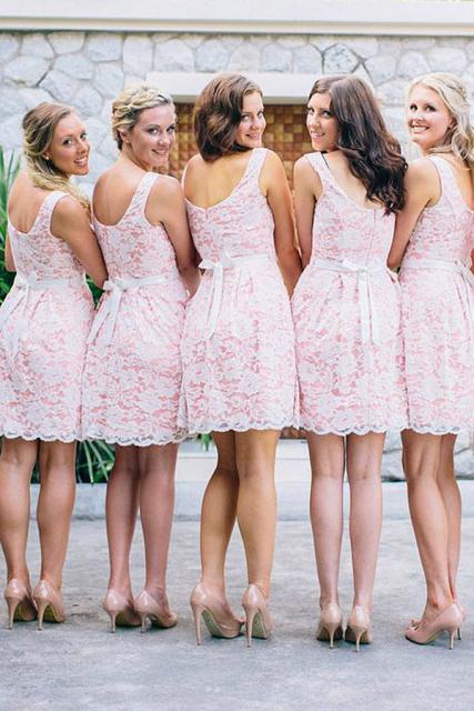 A-line crew pink short lace bridesmaid dresses with belt gb372