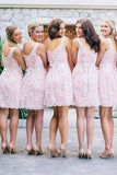 A-line Crew Pink Short Lace Bridesmaid Dresses with Belt GB372