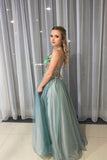 a line tulle long prom dress beading bodice with spaghetti straps