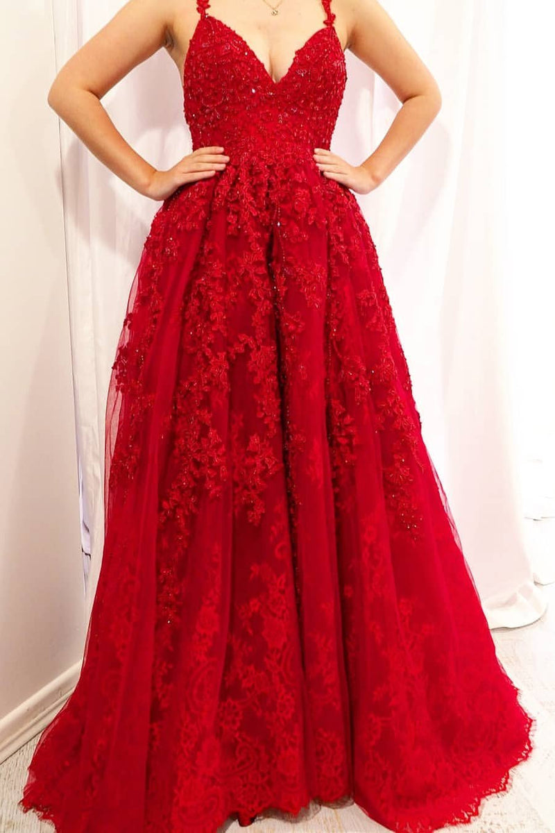 Backless Red Long Prom Dresses, V-neck Appliqued Sleeveless Evening Gowns MP82